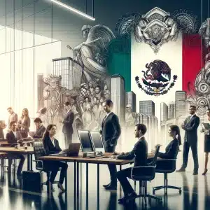 Una-escena-profesional-que-muestra-un-grupo-diverso-de-abogados-en-una-oficina-moderna-en-México-con-elementos-culturales-mexicanos-